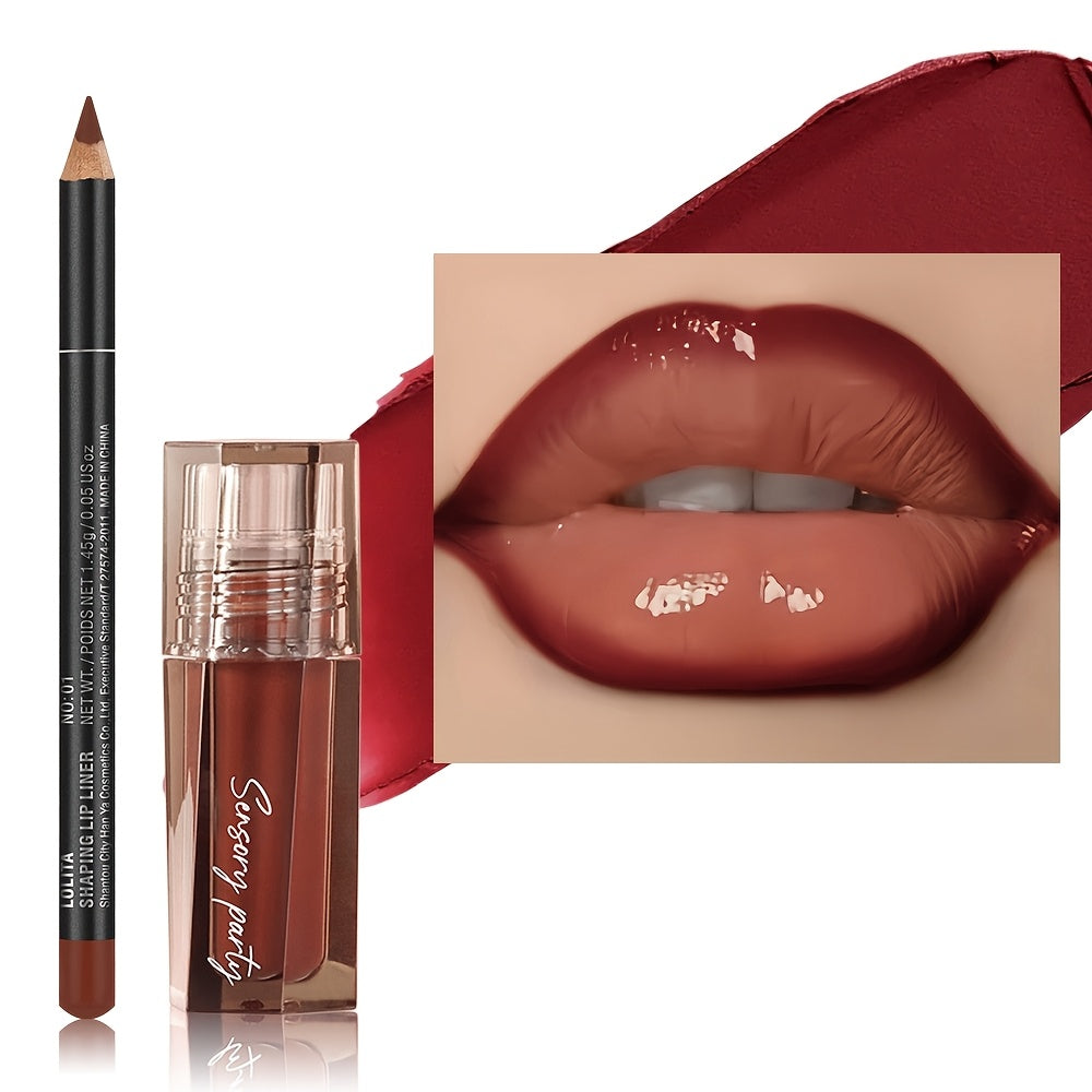 Pudaier Hydrating Lip Gloss & Lip Liner Set - 3D Precision Lip Definition, Dewy Finish for Every Occasion, Long-Lasting Matte Lipstick in Brown, Perfect for All Makeup Styles, Adult Skincare, Everyday Lip Care | Matte Lipstic